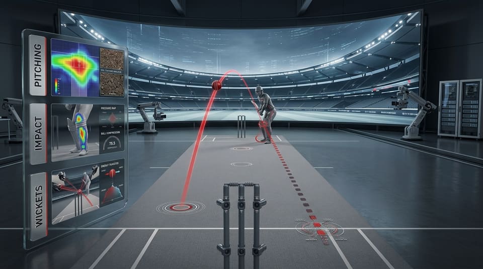 CritDRS concept render: ball trajectory with pitching, impact and wickets panels