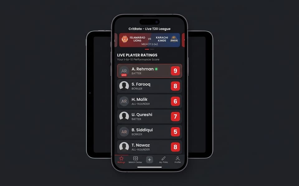 CritRate app concept: live 1 to 10 player ratings for a fictional T20 match