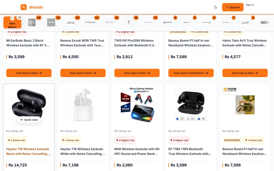 A live dhundo.store search for wireless earbuds, showing the same product listed by several stores at different prices, each row naming the retailer
